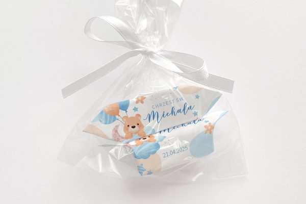 Krówki na chrzest w woreczku - Miś na chmurce