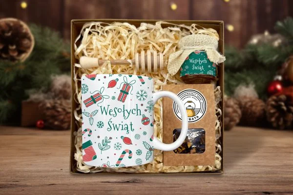 Zestaw Prezentowy Maxi na Święta - Kubek, Miód i Herbata - Wzór 7 - Zieleń świąt