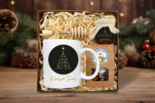 Zestaw Prezentowy Maxi na Święta - Kubek, Miód i Herbata - Wzór 3 - Choinka