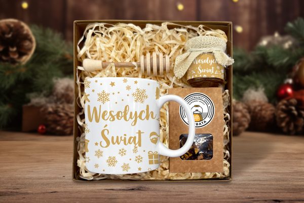 Zestaw Prezentowy Maxi na Święta - Kubek, Miód i Herbata - Wzór 1 - Złote Święta