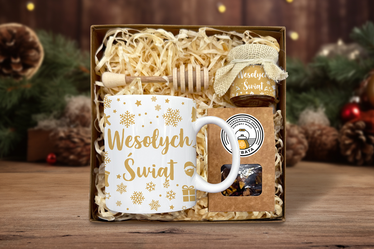 Zestaw Prezentowy Maxi na Święta - Kubek, Miód i Herbata - Wzór 1 - Złote Święta