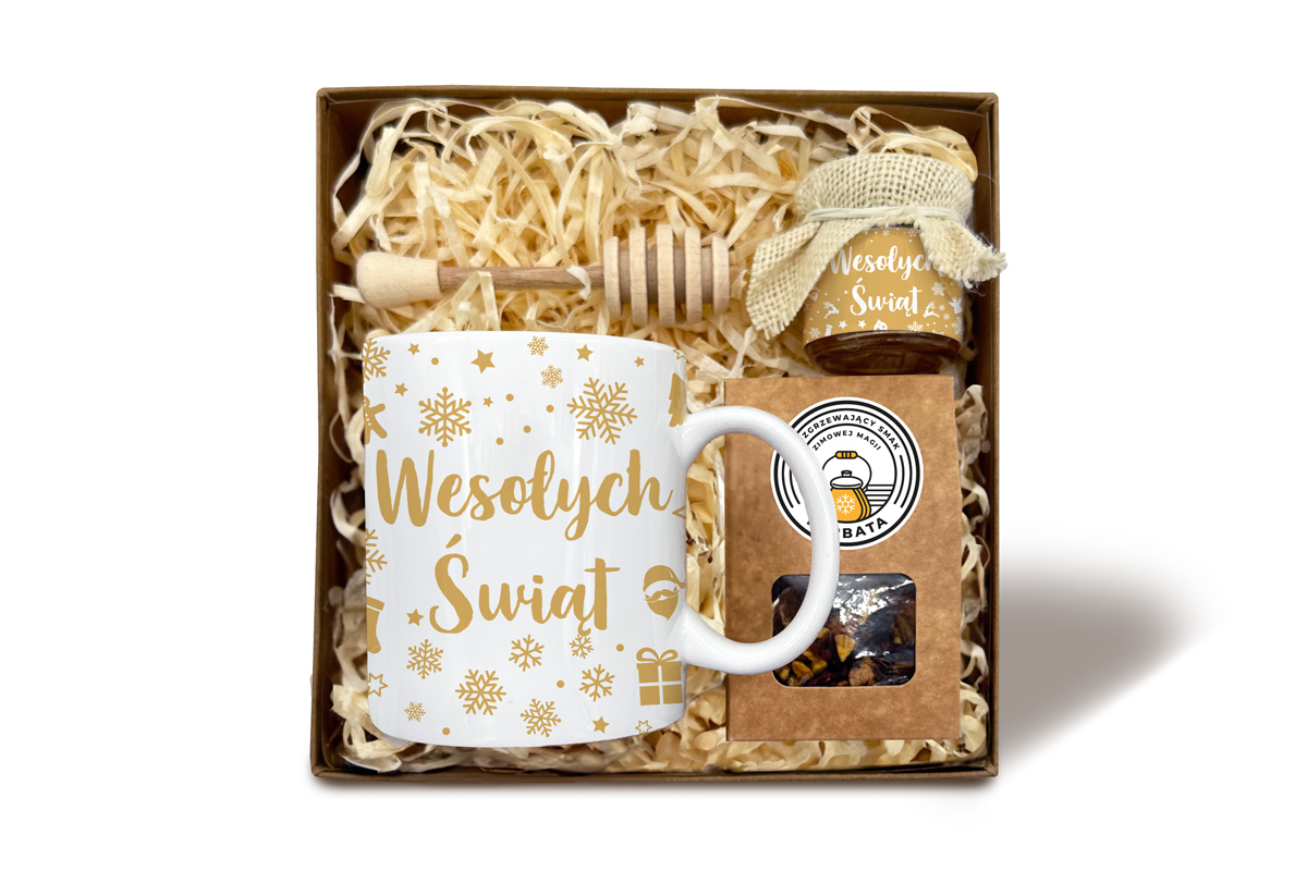 Zestaw Prezentowy Maxi na Święta - Kubek, Miód i Herbata - Wzór 1 - Złote Święta