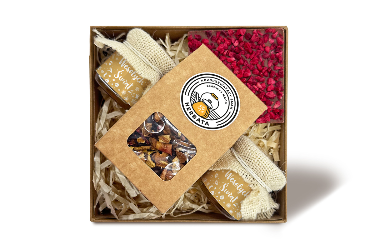 Zestaw Prezentowy Duży Świąteczny - Czekolada, Miód, Herbata - Wzór 1 - Złote Święta