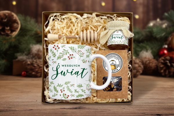 Zestaw Prezentowy Maxi na Święta - Kubek, Miód i Herbata - Wzór 2 - Ostrokrzew