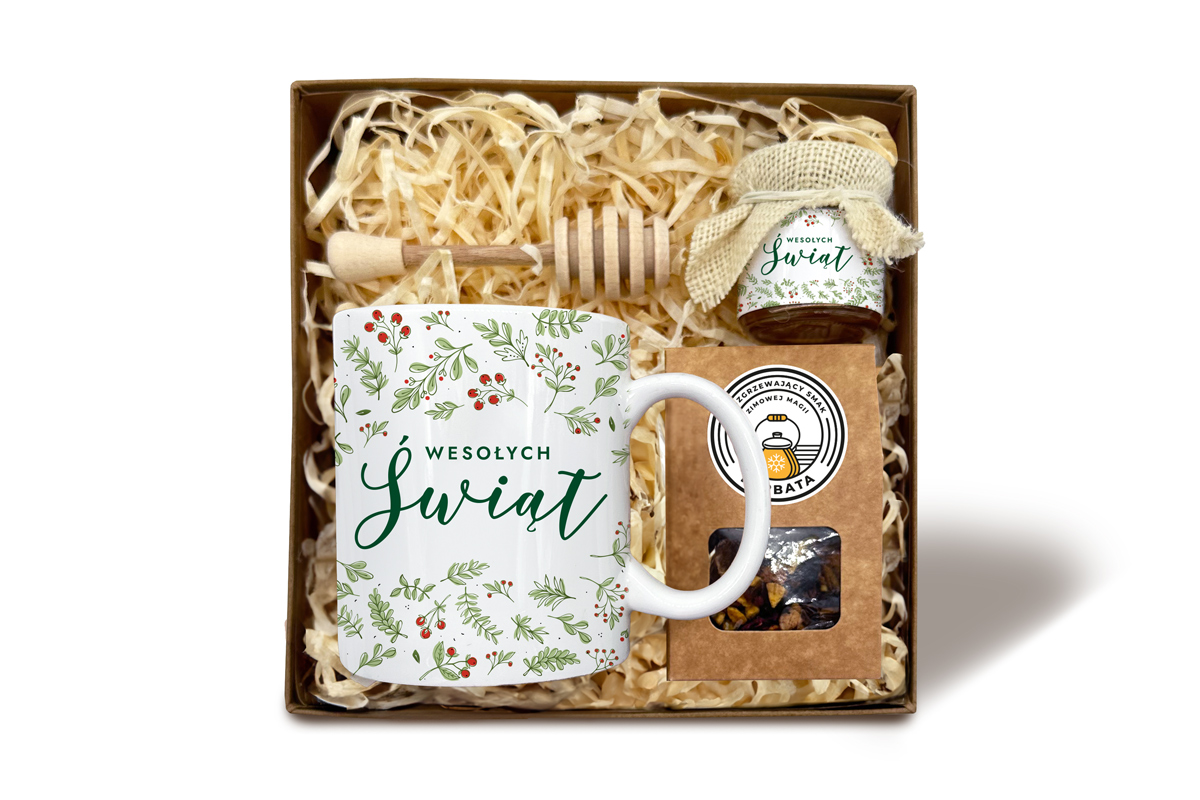 Zestaw Prezentowy Maxi na Święta - Kubek, Miód i Herbata - Wzór 2 - Ostrokrzew