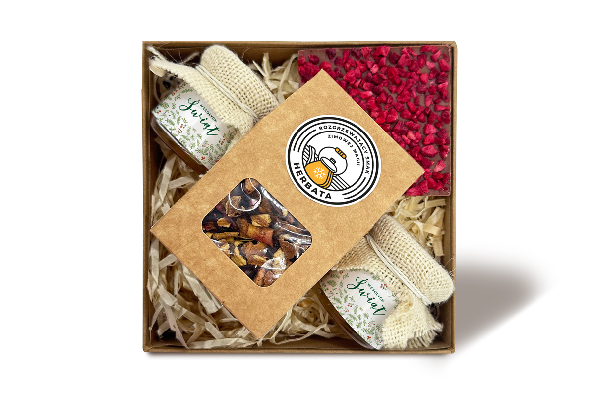 Zestaw Prezentowy Duży Świąteczny - Czekolada, Miód, Herbata - Wzór 2 - Ostrokrzew