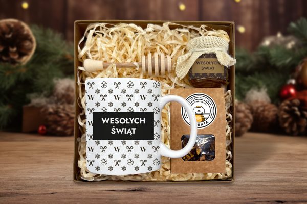 Zestaw Prezentowy Maxi na Święta - Kubek, Miód i Herbata - Wzór 4 - Święta z klasą