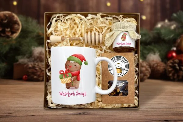 Zestaw Prezentowy Maxi na Święta - Kubek, Miód i Herbata - Wzór 5 - Pierniczek