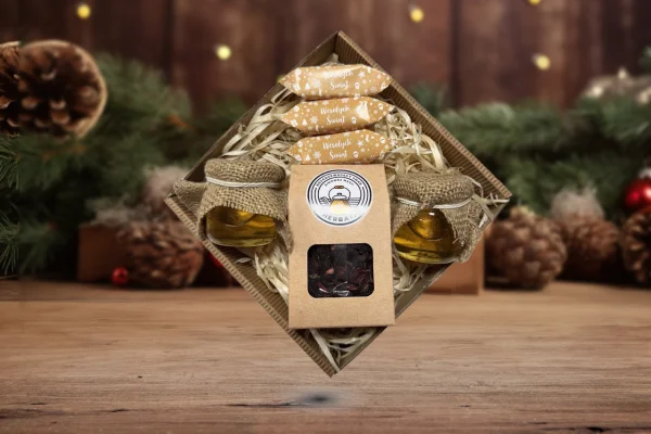 Zestaw Prezentowy Duży Świąteczny - Krówki, Miód, Herbata - Wzór 1 - Złote Święta