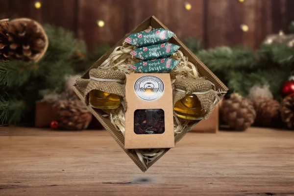 Zestaw Prezentowy Duży Świąteczny - Krówki, Miód, Herbata - Wzór 7 - Zieleń świąt