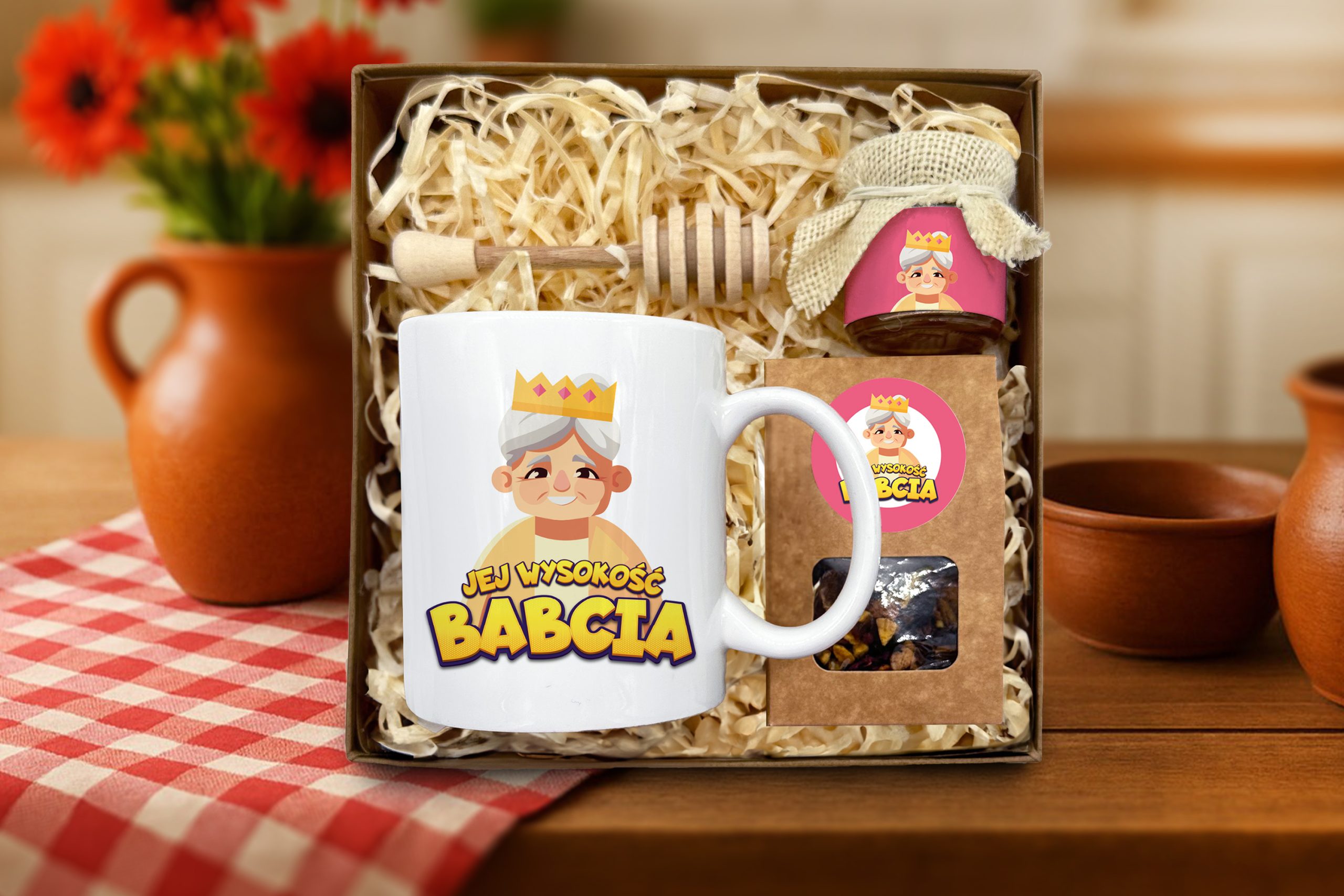 Zestaw Prezentowy - dla Babci- Kubek Babcia, miód, czerpak, herbata