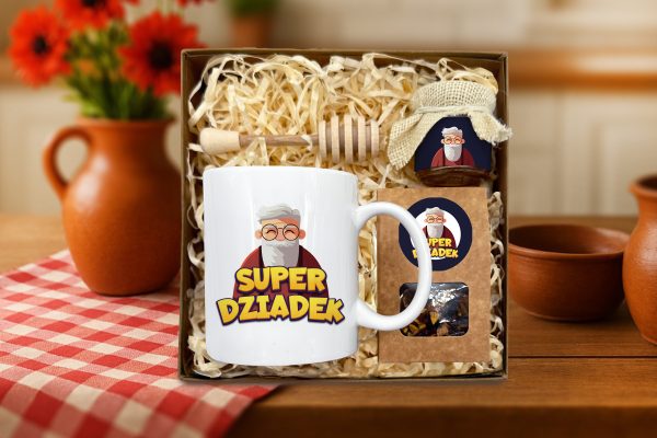 Zestaw Prezentowy - dla Dziadka - Kubek Super Dziadek, miód, czerpak, herbata