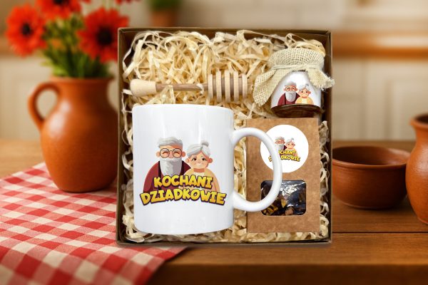 Zestaw Prezentowy - dla Babci i Dziadka - Kubek Dziadkowie, miód, czerpak, herbata