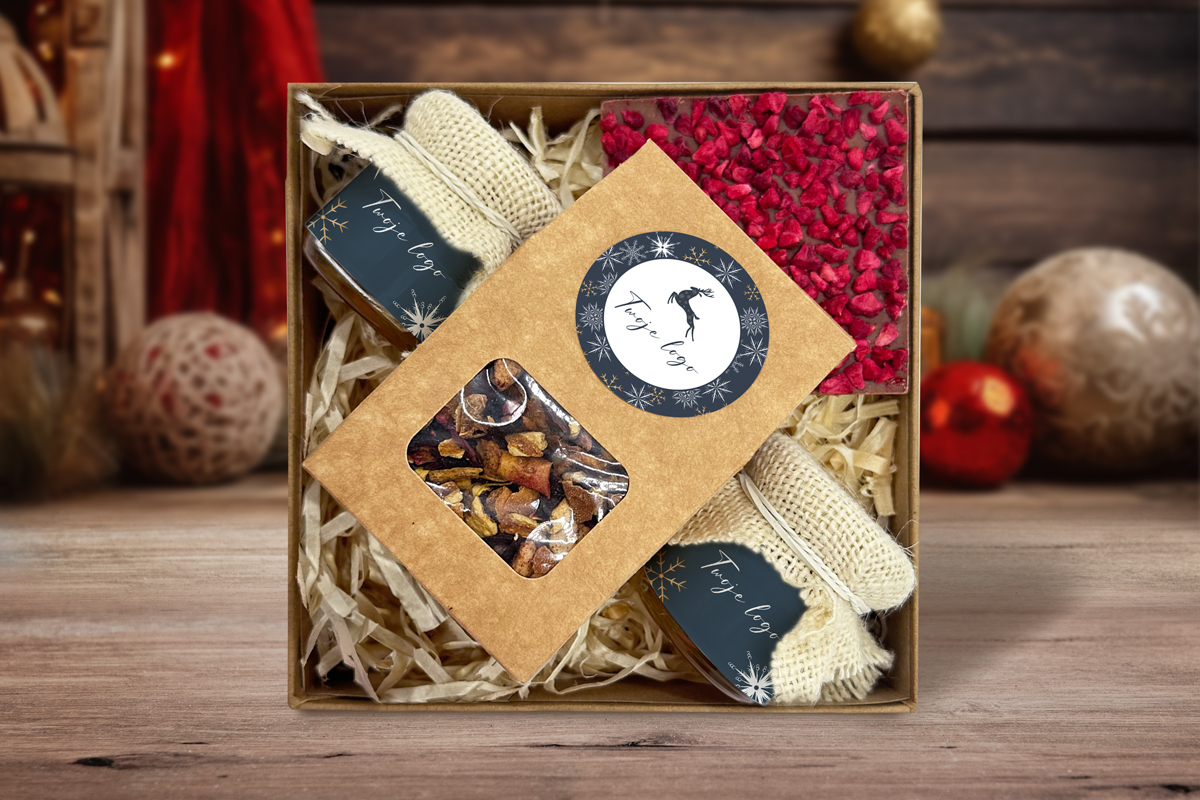 Zestaw Świąteczny - Herbata i słodkości - Twój projekt, twoje logo - Wzór 3 - Renifer wśród gwiazd