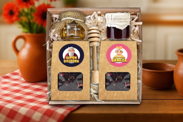 Zestaw Prezentowy 2 - dla Babci i Dziadka - Herbata, miód, konfitura, czerpak ECO