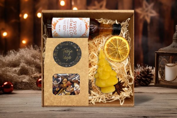 Zestaw Świąteczny - Miodowa święca, Herbata i Syrop - Twój projekt, twoje logo - Wzór 2 - Złota Elegancja