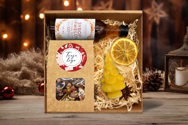 Zestaw Świąteczny - Miodowa święca, Herbata i Syrop - Twój projekt, twoje logo - Wzór 1 - Świąteczne Prezenty