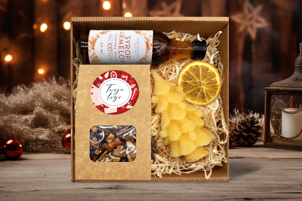 Zestaw Świąteczny - Miodowa święca, Herbata i Syrop - Twój projekt, twoje logo - Wzór 1 - Świąteczne Prezenty