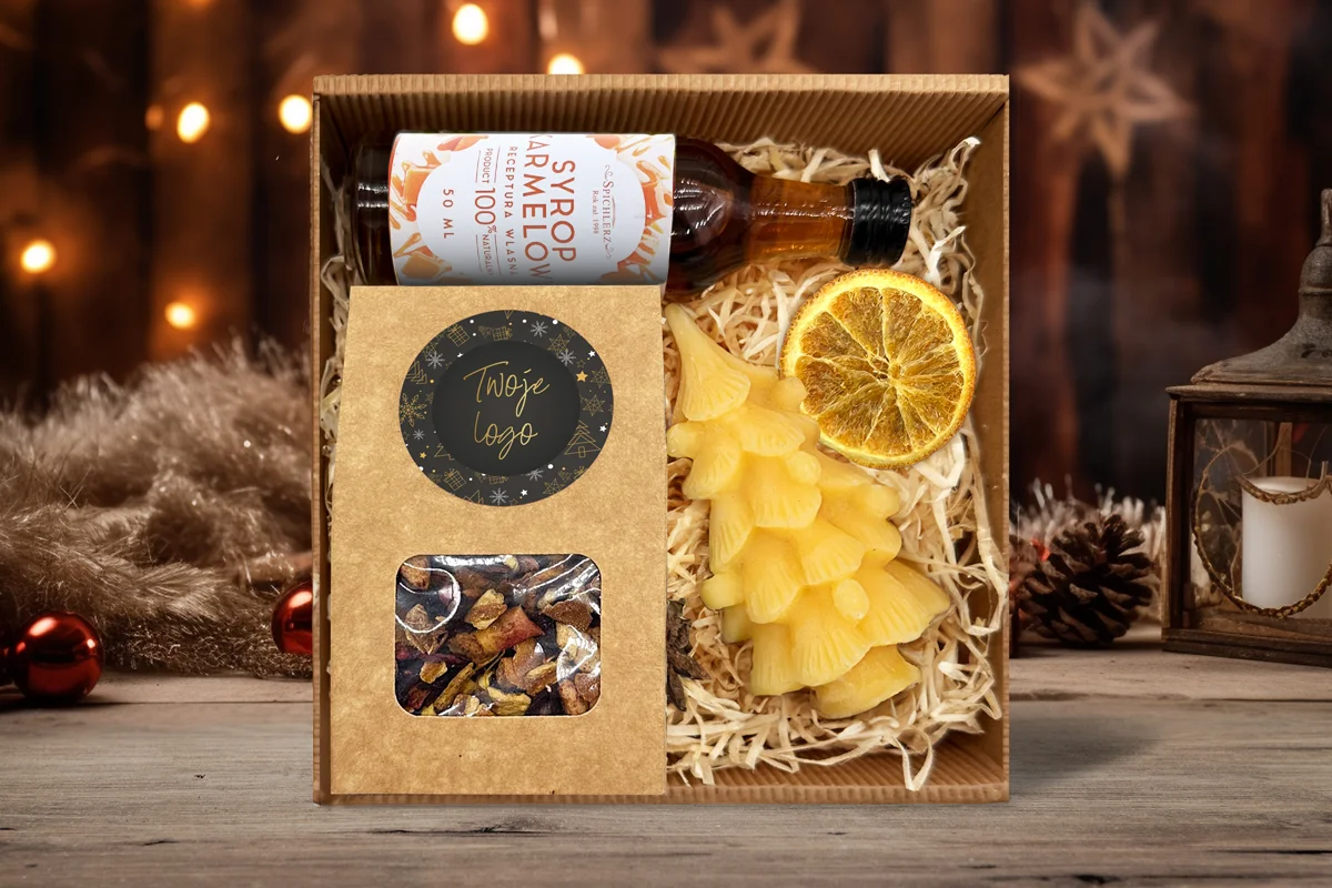 Zestaw Świąteczny - Miodowa święca, Herbata i Syrop - Twój projekt, twoje logo - Wzór 2 - Złota Elegancja