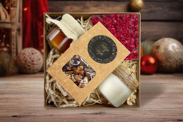 Zestaw Świąteczny - Herbata, świeczka i słodkości - Twój projekt, twoje logo - Wzór 2 - Złota Elegancja