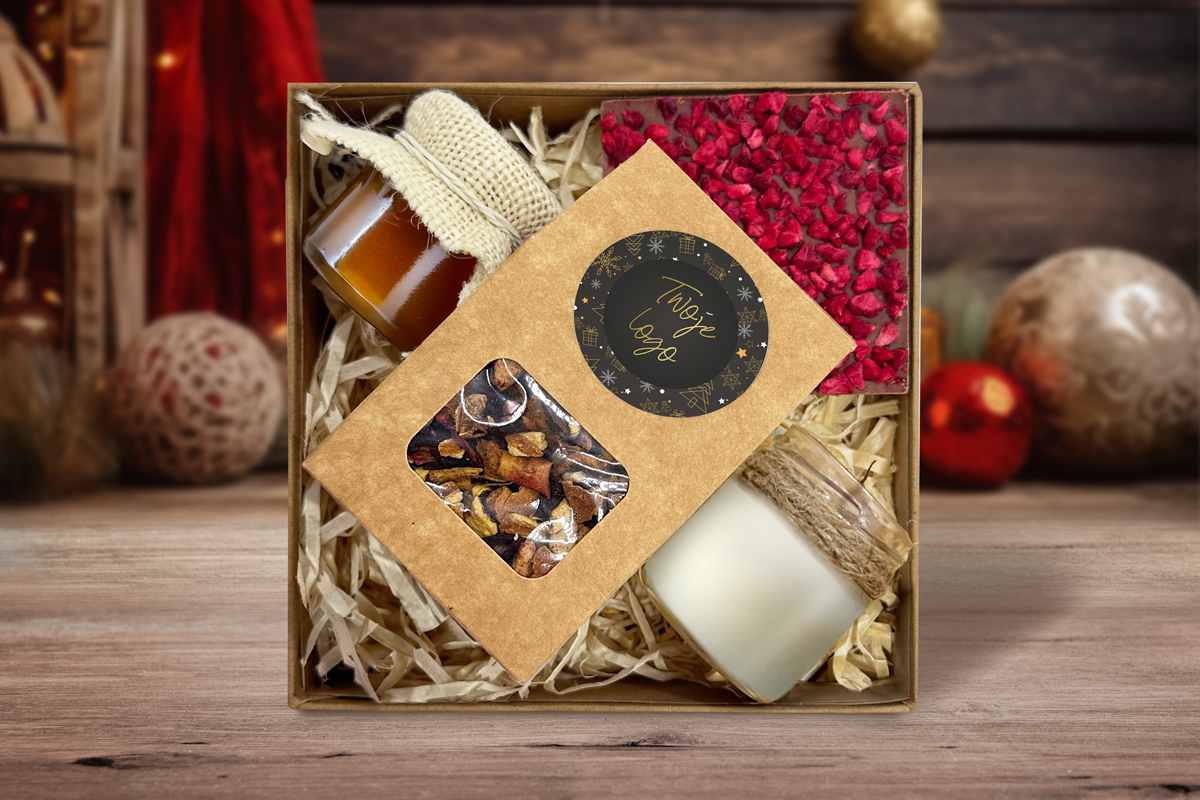 Zestaw Świąteczny - Herbata, świeczka i słodkości - Twój projekt, twoje logo - Wzór 2 - Złota Elegancja