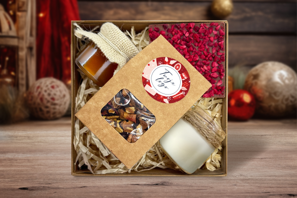 Zestaw Świąteczny - Herbata, świeczka i słodkości - Twój projekt, twoje logo - Wzór 1 - Świąteczne Prezenty