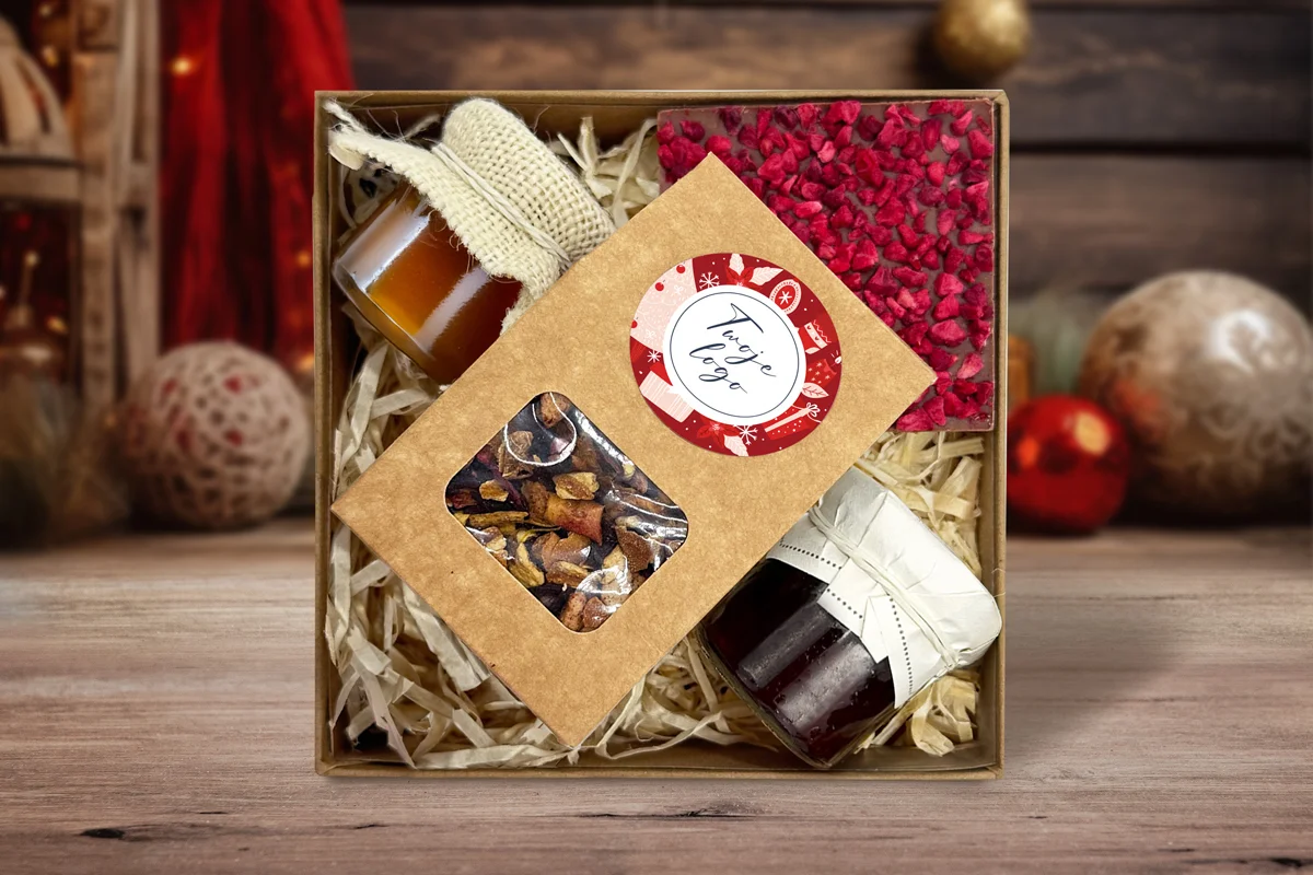 Zestaw Świąteczny - Herbata, konfitura i słodkości - Twój projekt, twoje logo - Wzór 1 - Świąteczne Prezenty