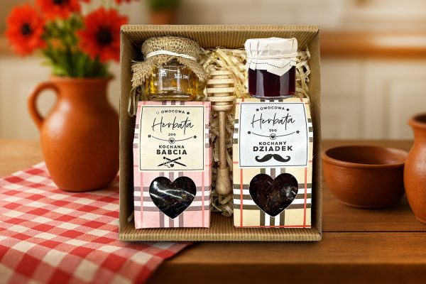 Zestaw Prezentowy 2 - dla Babci i Dziadka - Herbata, miód, konfitura, czerpak