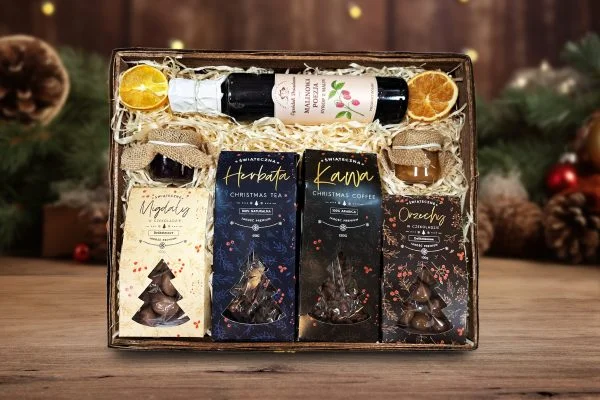 Zestaw Świąteczny - Prezent na Święta - Kawa, Orzechy, Migdały, Syrop, Konfitura, Herbata