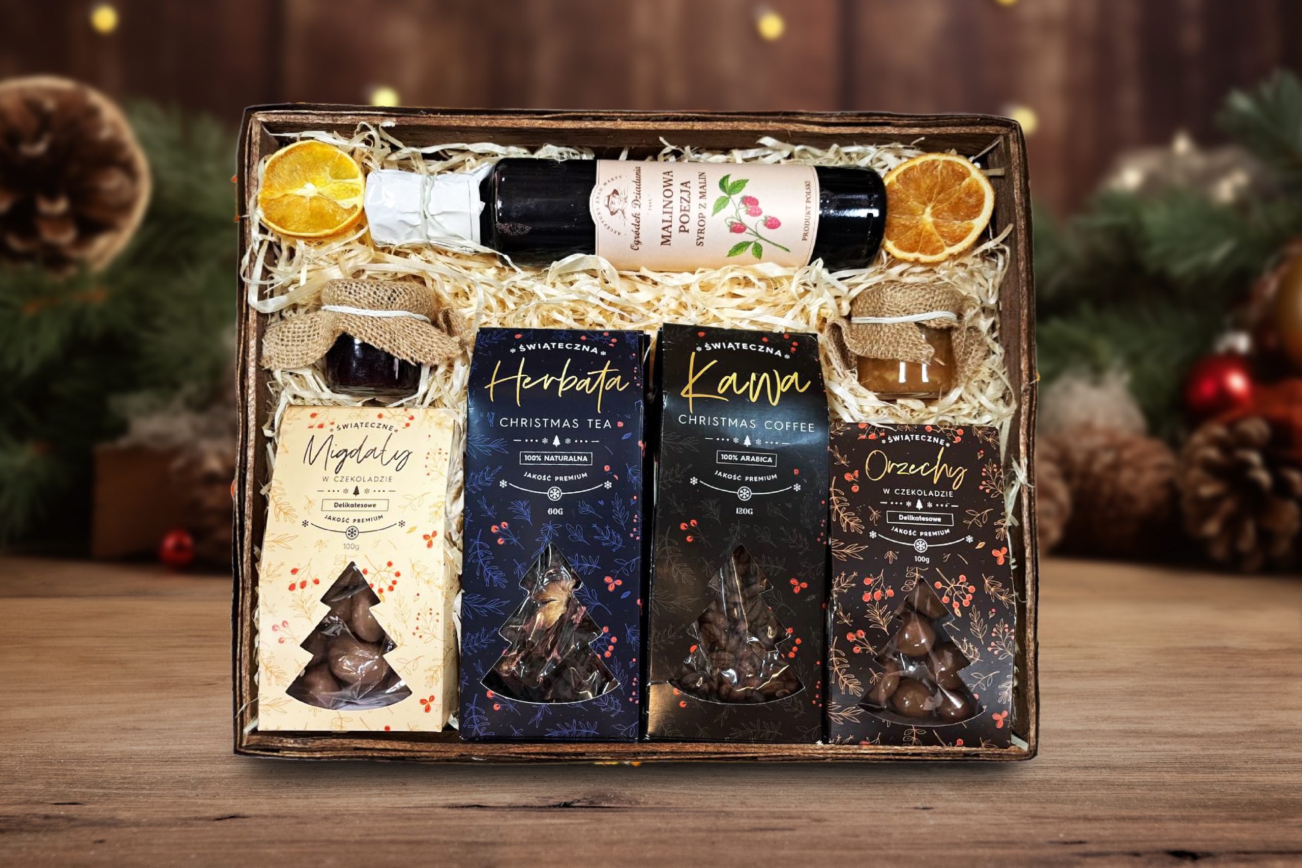 Zestaw Świąteczny - Prezent na Święta - Kawa, Orzechy, Migdały, Syrop, Konfitura, Herbata