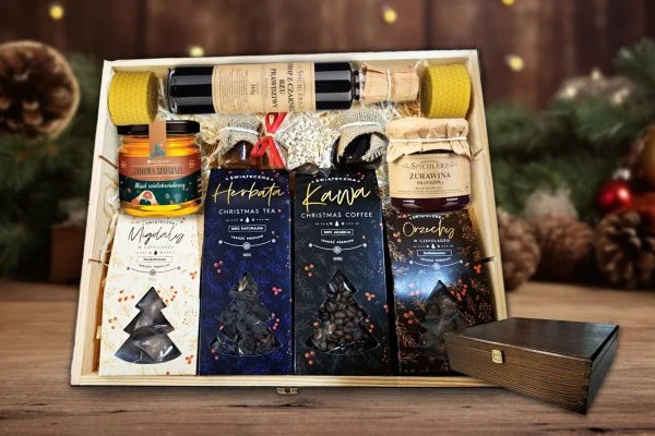Zestaw Świąteczny - Prezent na Święta - Miód, Syrop, Herbata, Kawa, Czekolada, Orzechy, Żurawina