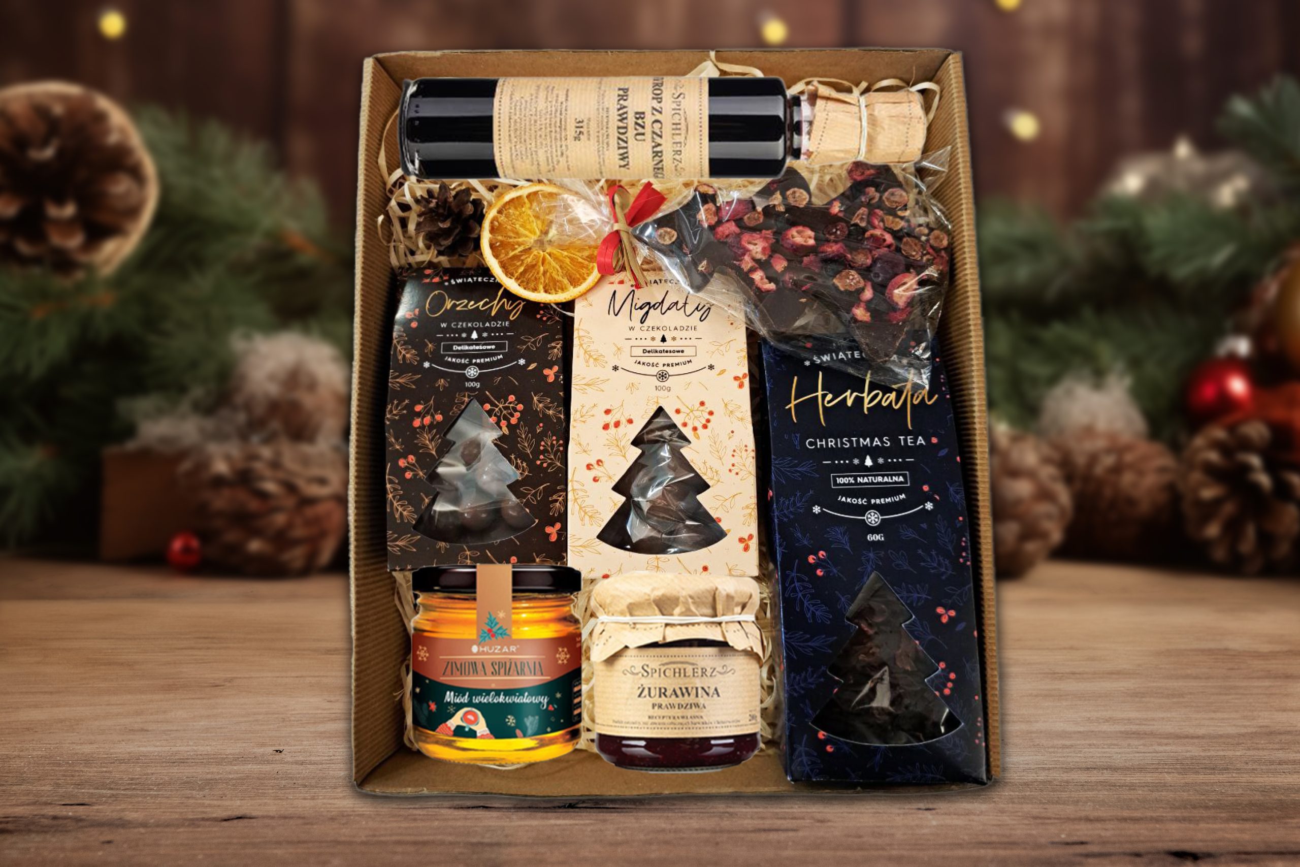 Zestaw Świąteczny - Prezent na Święta - Miód, Syrop, Herbata, Czekolada, Orzechy, Żurawina