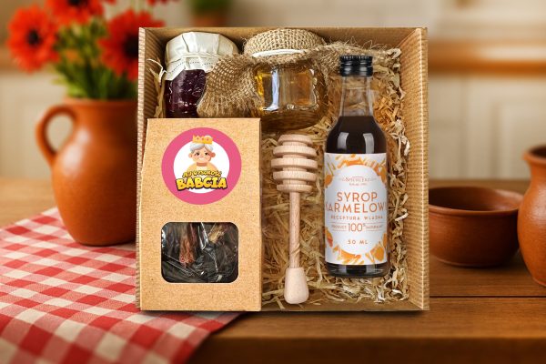 Zestaw Prezentowy 7 - Prezent na Dzień Babci - Herbata, miód, konfitura, czerpak, syrop