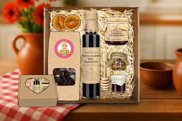 Zestaw Prezentowy - Prezent na Dzień Babci - Herbata, syrop, konfitury, miód, czerpak