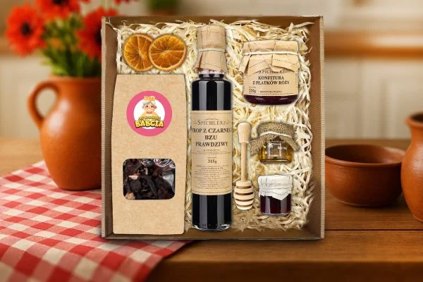 Zestaw Prezentowy - Prezent na Dzień Babci - Herbata, syrop, konfitury, miód, czerpak