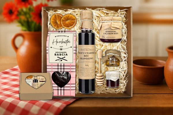 Zestaw Prezentowy - Prezent na Dzień Babci - Herbata, syrop, konfitury, miód, czerpak