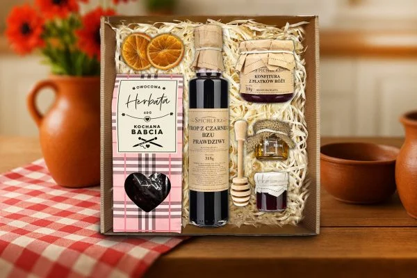 Zestaw Prezentowy - Prezent na Dzień Babci - Herbata, syrop, konfitury, miód, czerpak