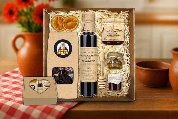 Zestaw Prezentowy - Prezent na Dzień Dziadka - Herbata, syrop, konfitury, miód, czerpak