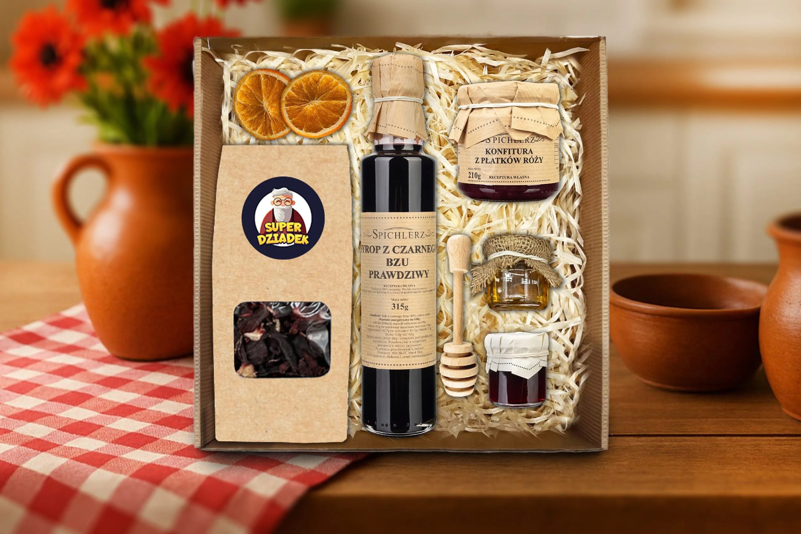 Zestaw Prezentowy - Prezent na Dzień Dziadka - Herbata, syrop, konfitury, miód, czerpak