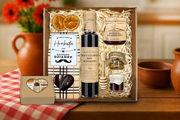 Zestaw Prezentowy - Prezent na Dzień Babci i Dziadka - Herbata, syrop, konfitura, miód, czerpak