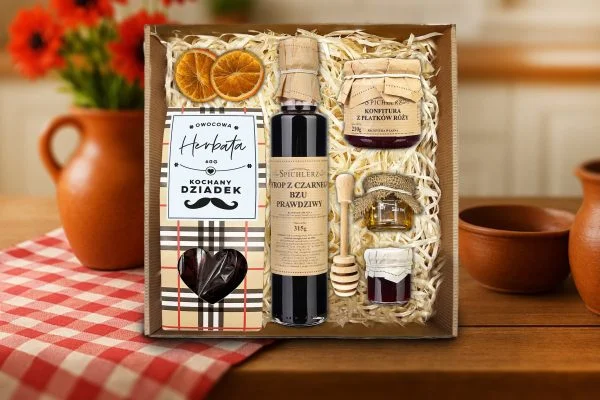 Zestaw Prezentowy - Prezent na Dzień Babci i Dziadka - Herbata, syrop, konfitura, miód, czerpak