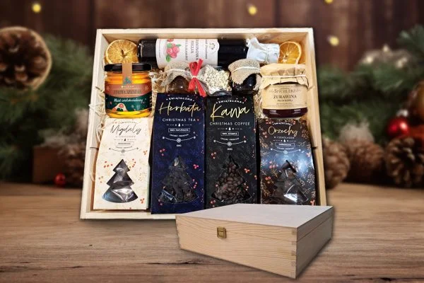 Zestaw Świąteczny - Prezent na Święta - Miód, Syrop, Herbata, Kawa, Czekolada, Żurawina, Orzechy,