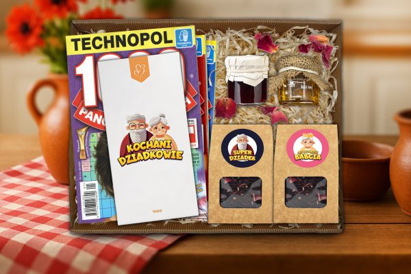 Zestaw Prezentowy - Prezent na Dzień Babci i Dziadka - Krzyżówki, herbatki, konfitura, miód, czekolada