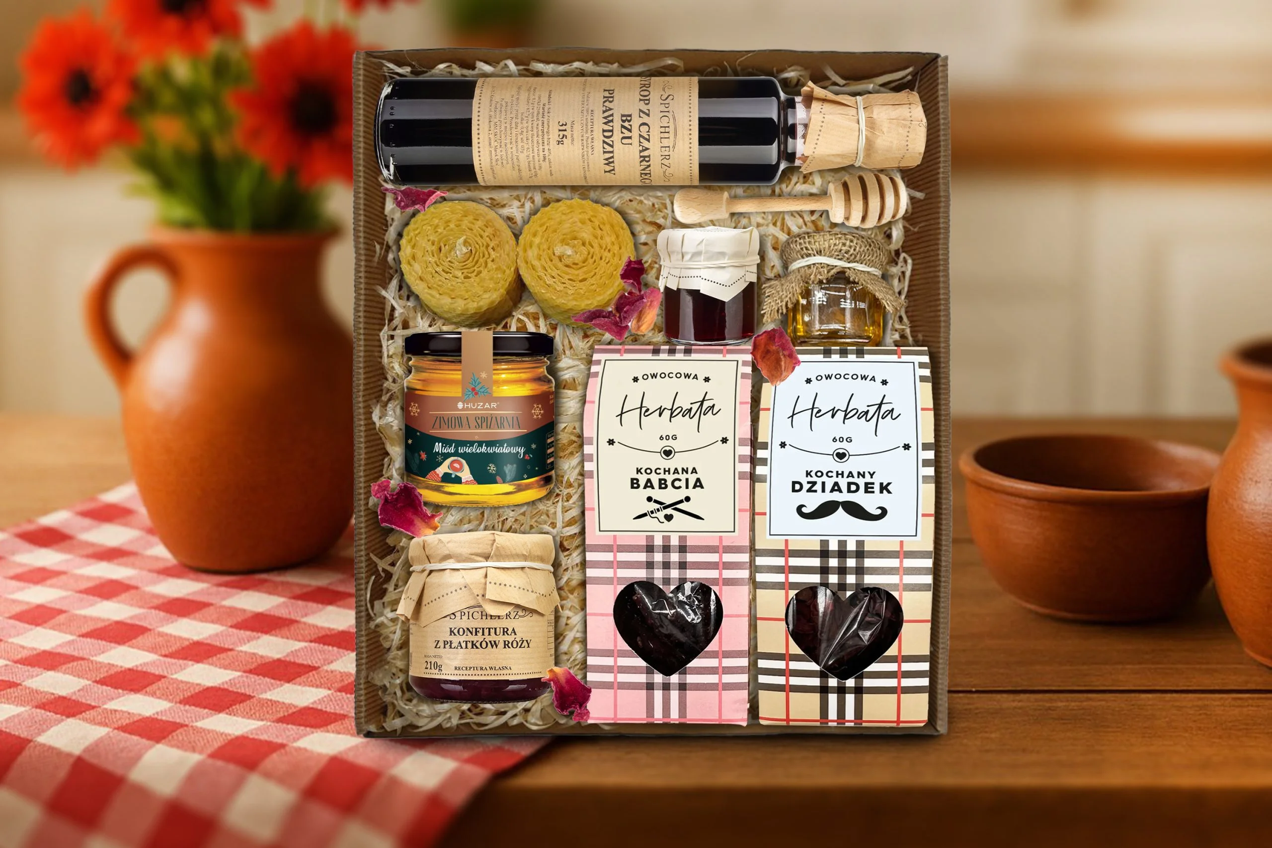 Zestaw Prezentowy - Prezent na Dzień Babci i Dziadka - Herbatki, świeczki, syrop, miodki, konfitury, czerpak