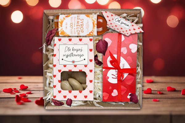 MINI Zestaw Walentynkowy - Prezent na Walentynki - Migdały, syrop, krówka, kupony miłości