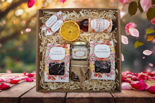 Zestaw Prezentowy - Prezent na Dzień Kobiet - Herbatki, miód, świeczka, syrop karmelowy, krówki