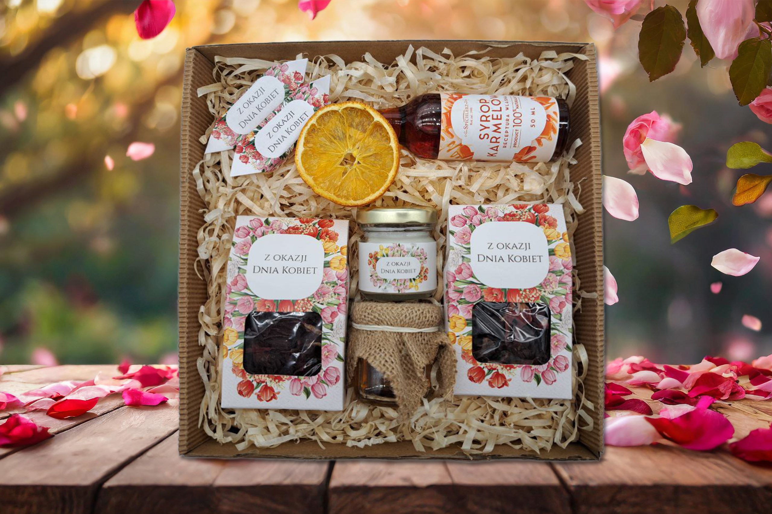 Zestaw Prezentowy - Prezent na Dzień Kobiet - Herbatki, miód, świeczka, syrop karmelowy, krówki