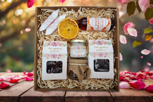 Zestaw Prezentowy - Prezent na Dzień Kobiet - Herbatki, miód, świeczka, syrop karmelowy, krówki