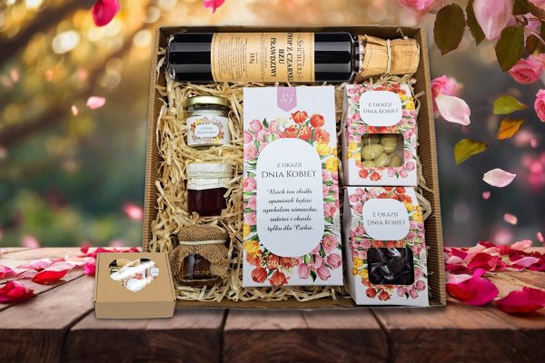 Zestaw Prezentowy - Prezent na Dzień Kobiet - Herbata, miód, świeczka, konfitura, syrop z czarnego bzu, czekolada, migdały