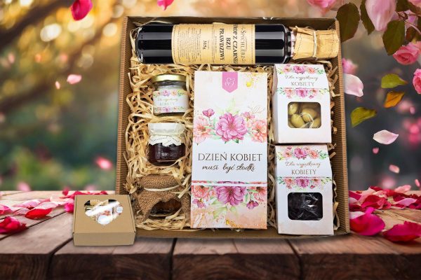 Zestaw Prezentowy - Prezent na Dzień Kobiet - Herbata, miód, świeczka, konfitura, syrop z czarnego bzu, czekolada, migdały